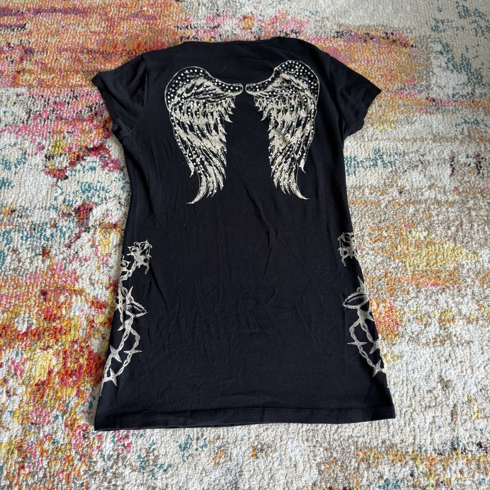 Vintage Y2K Rhinestone Angel Wings Graphic Crewneck T-Shirt Black Womens M